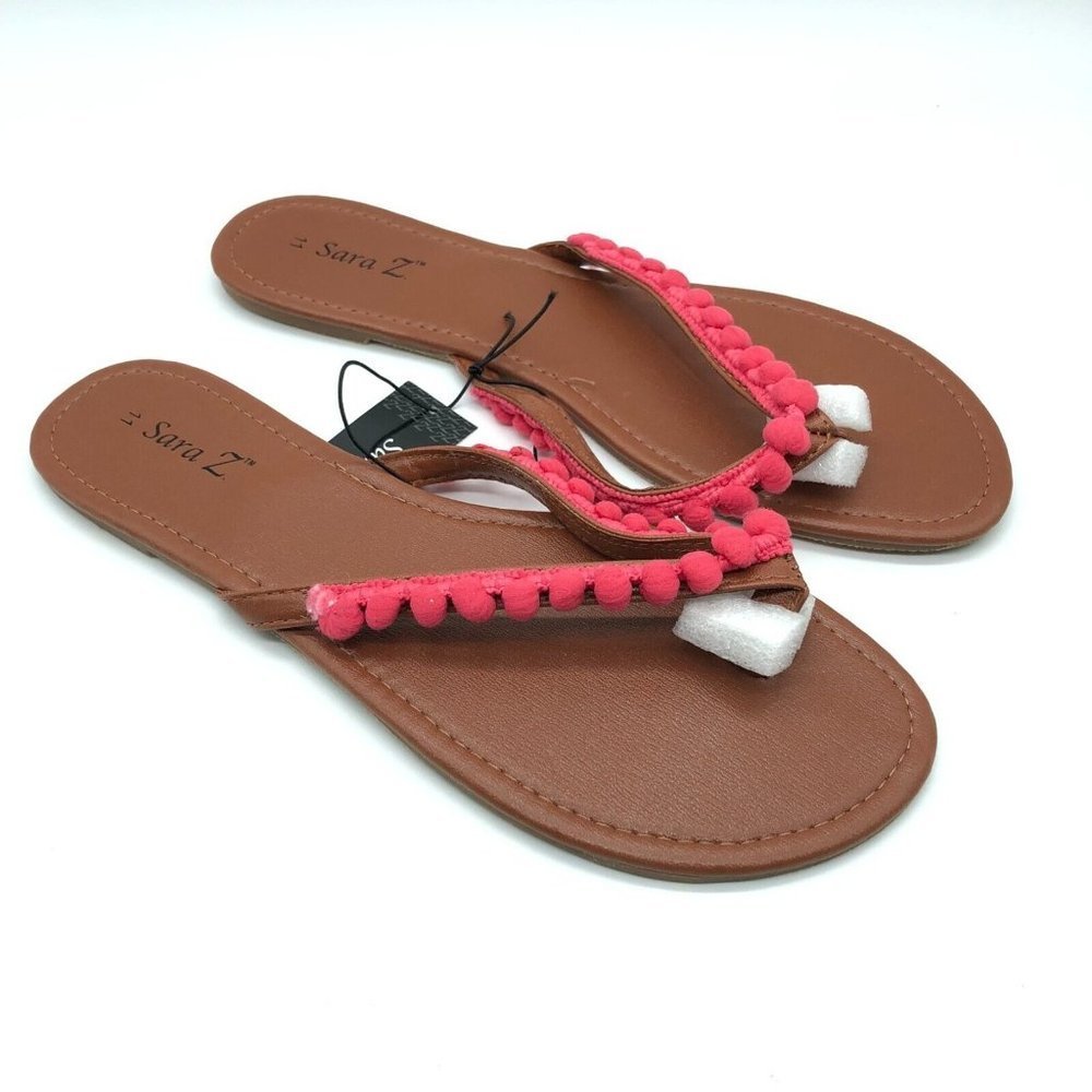 Sara Z Womens Flip Flop Sandals Faux Leather Pom Pom Pink Brown 11